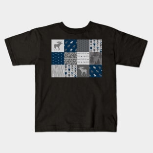 Woodland Patchwork - Navy and grey moose Kids T-Shirt